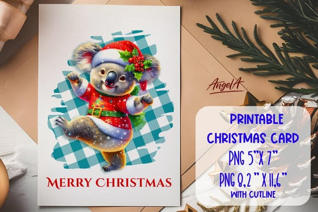 Printable Christmas card template, cute koala cartoon PNG Sublimation Angelina Semenova 