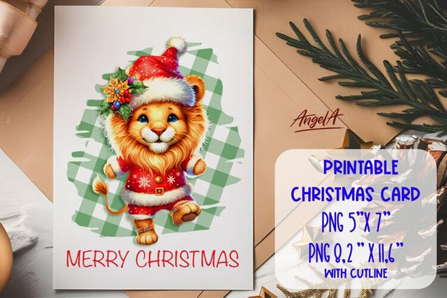 Printable Christmas card template, cute lion cartoon PNG Sublimation Angelina Semenova 