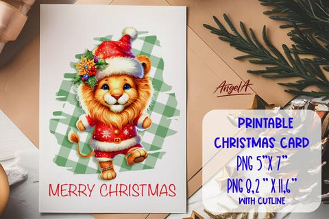 Printable Christmas card template, cute lion cartoon PNG Sublimation Angelina Semenova 