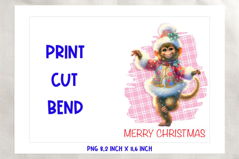 Printable Christmas card template, cute monkey cartoon PNG Sublimation Angelina Semenova 