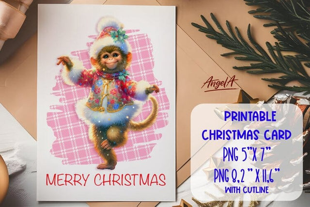 Printable Christmas card template, cute monkey cartoon PNG Sublimation Angelina Semenova 