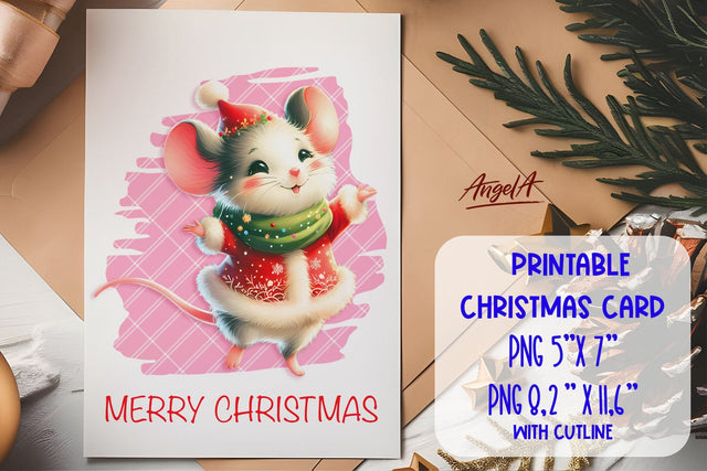 Printable Christmas card template, cute mouse cartoon PNG Sublimation Angelina Semenova 