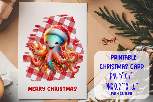 Printable Christmas card template, cute octopus cartoon PNG Sublimation Angelina Semenova 