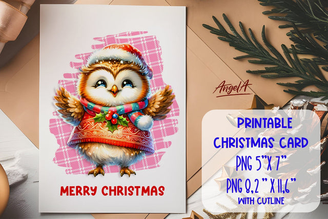 Printable Christmas card template, cute owl cartoon PNG Sublimation Angelina Semenova 