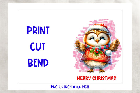 Printable Christmas card template, cute owl cartoon PNG Sublimation Angelina Semenova 