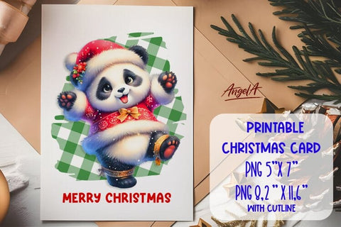 Printable Christmas card template, cute panda bear cartoon Sublimation Angelina Semenova 