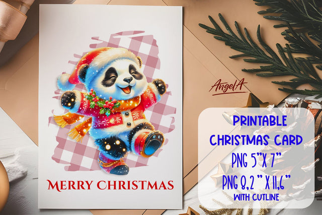 Printable Christmas card template, cute panda bear PNG Sublimation Angelina Semenova 
