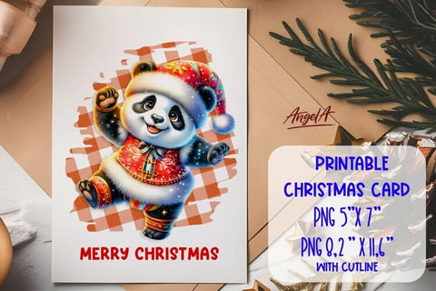 Printable Christmas card template, cute panda cartoon PNG Sublimation Angelina Semenova 