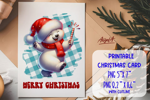 Printable Christmas card template, cute polar bear cartoon Sublimation Angelina Semenova 