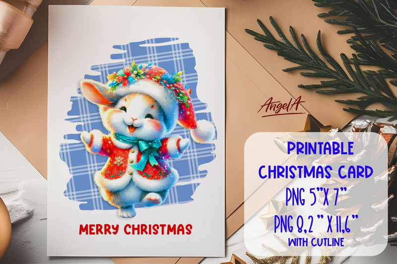 Printable Christmas card template, cute rabbit cartoon PNG - So Fontsy