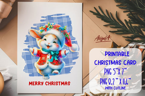 Printable Christmas card template, cute rabbit cartoon PNG Sublimation Angelina Semenova 
