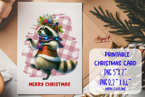 Printable Christmas card template, cute raccoon cartoon PNG Sublimation Angelina Semenova 