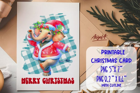 Printable Christmas card template, dancing cute elephant Sublimation Angelina Semenova 