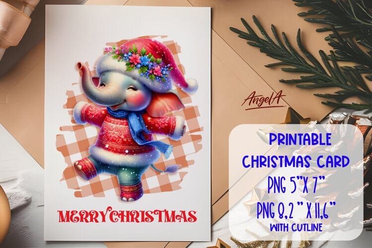 Printable Christmas card template, dancing cute elephant Sublimation Angelina Semenova 
