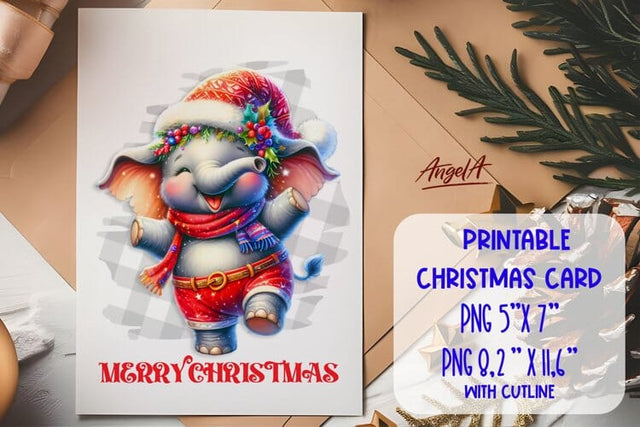 Printable Christmas card template, dancing cute elephant Sublimation Angelina Semenova 