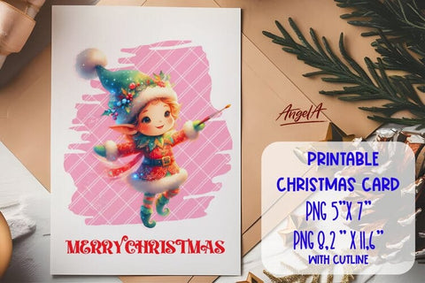 Printable Christmas card template, dancing cute elf PNG Sublimation Angelina Semenova 