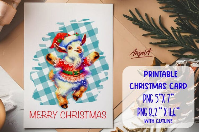 Printable Christmas card template, dancing cute goat PNG Sublimation Angelina Semenova 