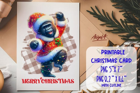 Printable Christmas card template, dancing cute gorilla PNG Sublimation Angelina Semenova 