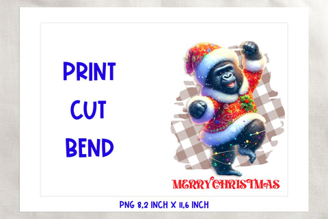 Printable Christmas card template, dancing cute gorilla PNG Sublimation Angelina Semenova 