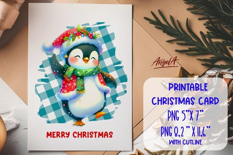 Printable Christmas card template, dancing cute penguin PNG Sublimation Angelina Semenova 