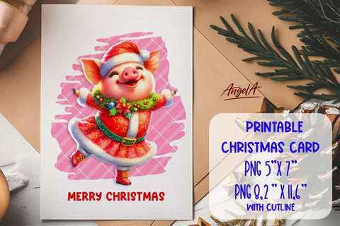 Printable Christmas card template, dancing cute pig PNG Sublimation Angelina Semenova 