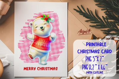 Printable Christmas card template, dancing cute polar bear Sublimation Angelina Semenova 