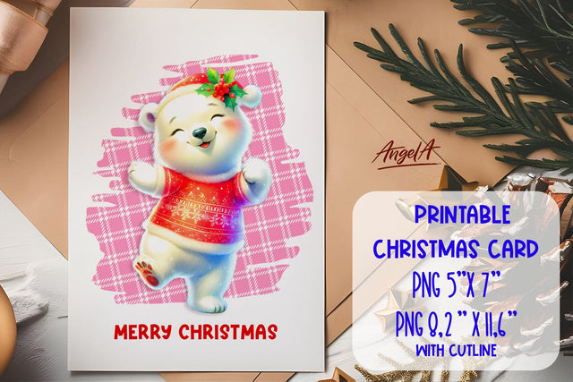 Printable Christmas card template, dancing cute polar bear Sublimation Angelina Semenova 