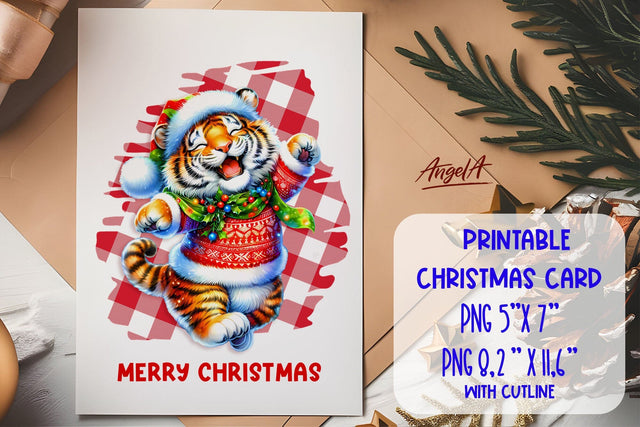 Printable Christmas card template, dancing cute tiger PNG Sublimation Angelina Semenova 