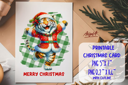 Printable Christmas card template, dancing cute tiger PNG Sublimation Angelina Semenova 