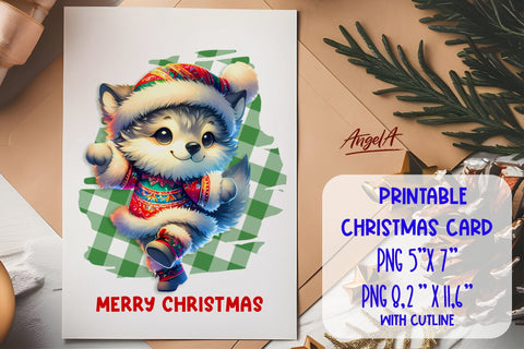 Printable Christmas card template, dancing cute wolf PNG Sublimation Angelina Semenova 