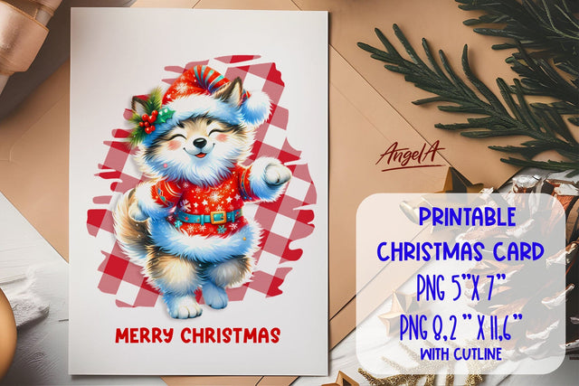 Printable Christmas card template, dancing cute wolf PNG Sublimation Angelina Semenova 