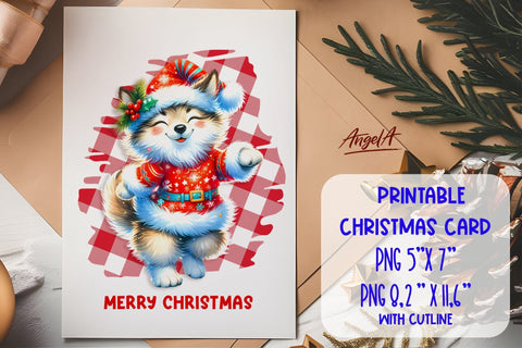 Printable Christmas card template, dancing cute wolf PNG Sublimation Angelina Semenova 