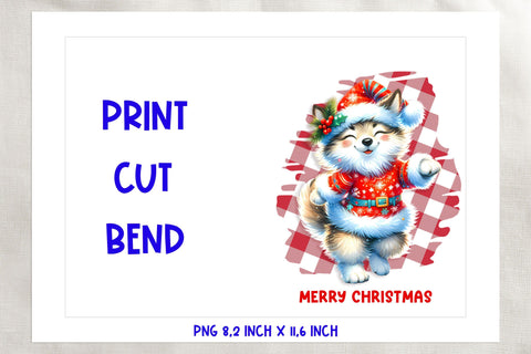 Printable Christmas card template, dancing cute wolf PNG Sublimation Angelina Semenova 