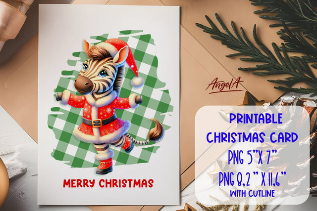 Printable Christmas card template, dancing cute zebra PNG Sublimation Angelina Semenova 