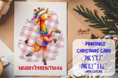 Printable Christmas card template, dancing funny giraffe PNG Sublimation Angelina Semenova 