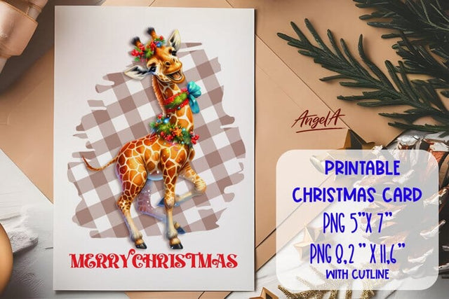 Printable Christmas card template, dancing funny giraffe PNG Sublimation Angelina Semenova 