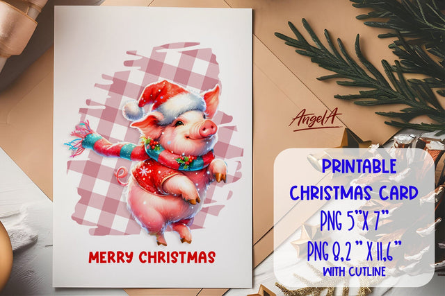 Printable Christmas card template, dancing funny pig cartoon Sublimation Angelina Semenova 