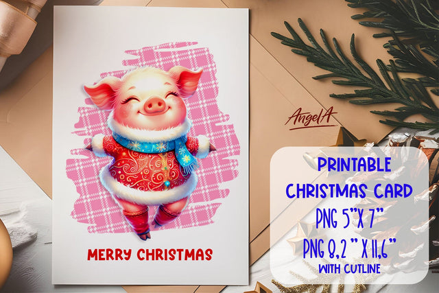 Printable Christmas card template, dancing funny pig PNG Sublimation Angelina Semenova 