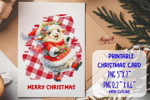 Printable Christmas card template, dancing funny sheep PNG Sublimation Angelina Semenova 