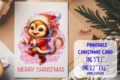 Printable Christmas card template, funny monkey cartoon PNG Sublimation Angelina Semenova 