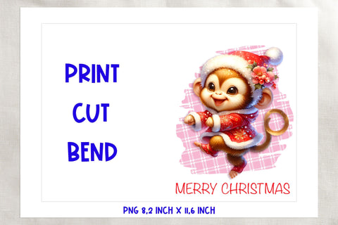 Printable Christmas card template, funny monkey cartoon PNG Sublimation Angelina Semenova 