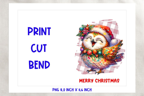 Printable Christmas card template, funny owl cartoon PNG Sublimation Angelina Semenova 