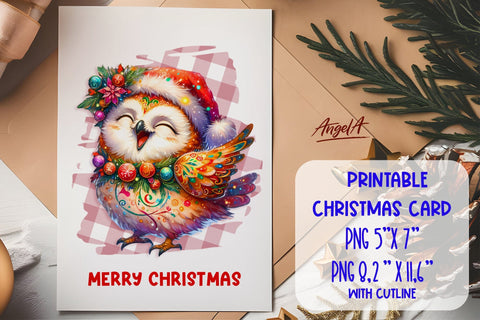 Printable Christmas card template, funny owl cartoon PNG Sublimation Angelina Semenova 