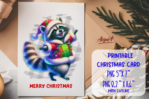 Printable Christmas card template, funny raccoon cartoon PNG Sublimation Angelina Semenova 