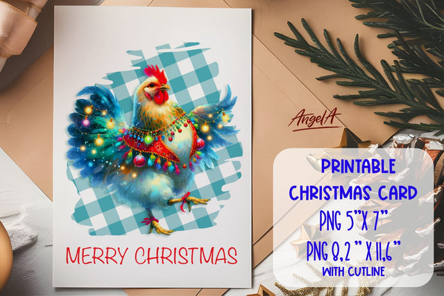 Printable Christmas card template, funny rooster cartoon PNG Sublimation Angelina Semenova 