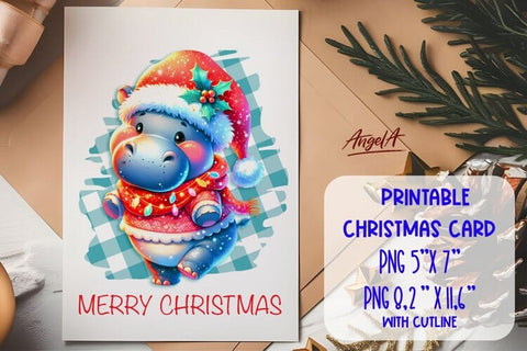 Printable Christmas card template, hippopotamus PNG Sublimation Angelina Semenova 