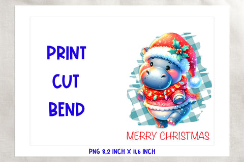 Printable Christmas card template, hippopotamus PNG Sublimation Angelina Semenova 