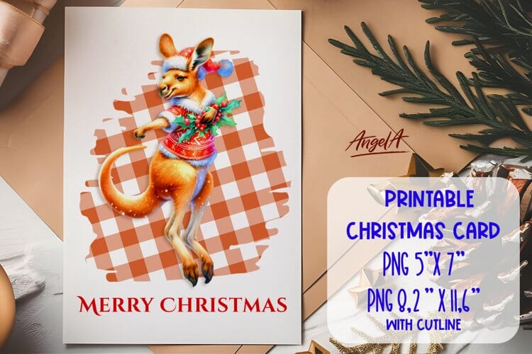 Printable Christmas card template, kangaroo cartoon PNG Sublimation Angelina Semenova 