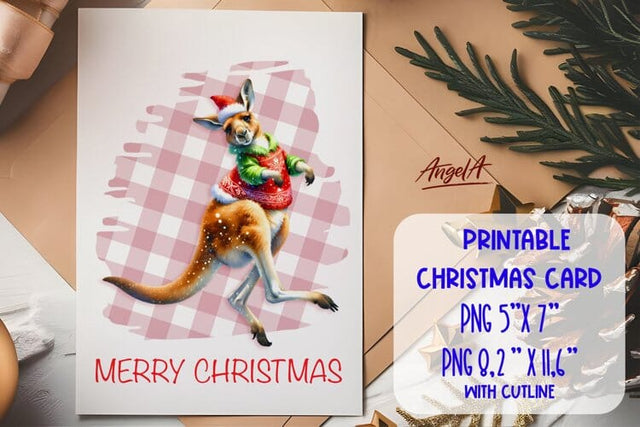 Printable Christmas card template, kangaroo cartoon PNG Sublimation Angelina Semenova 