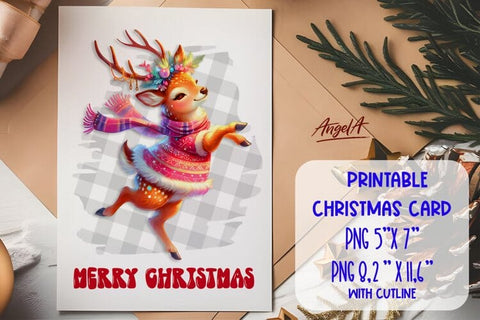 Printable Christmas card templates, dancing cute deer Sublimation Angelina Semenova 